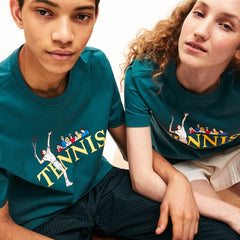 Mens/Womens Unisex LIVE Tennis-Print Cotton T-Shirt | Lacoste Green / White • Mwz