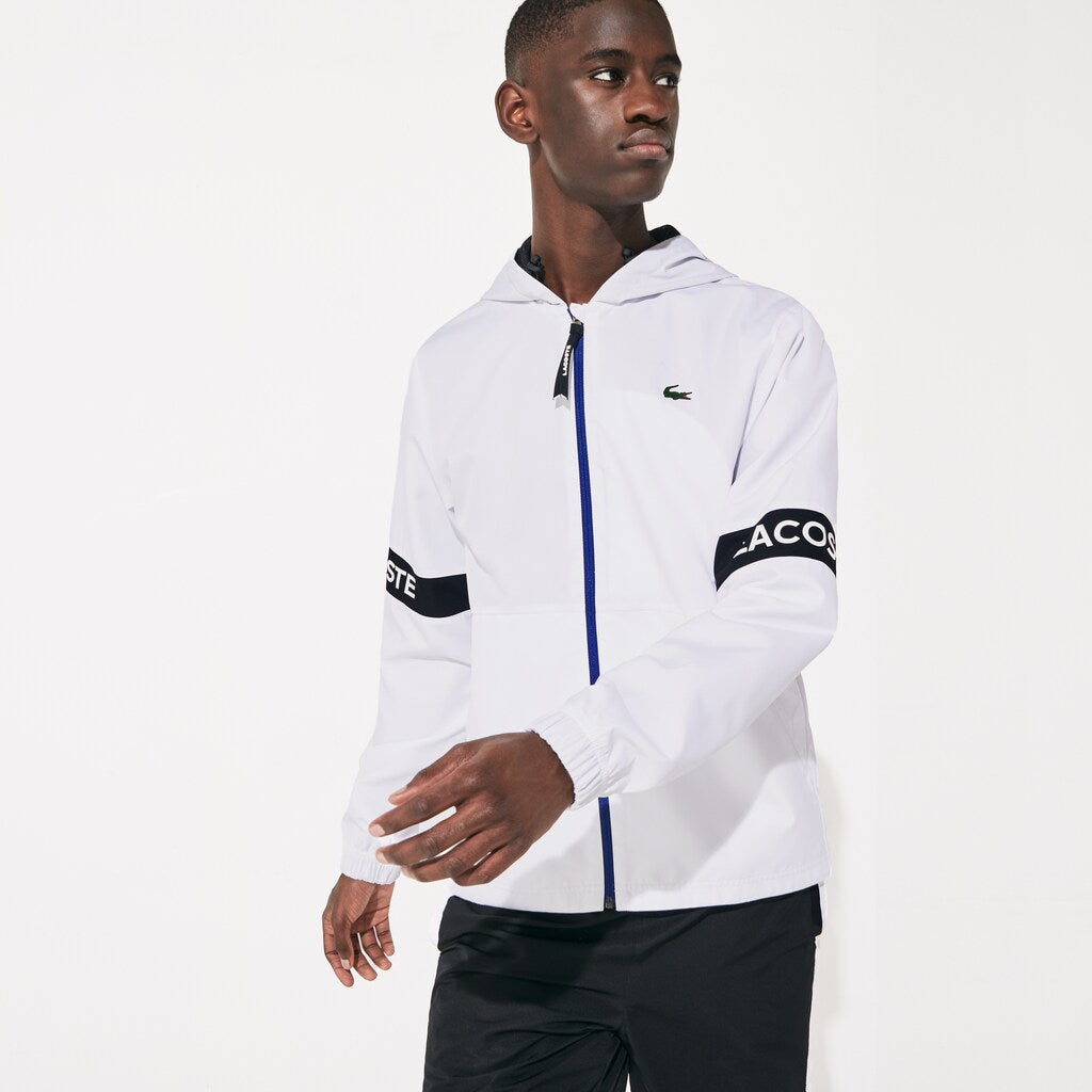 Mens   SPORT Water-Resistant Hooded Zip-Up Jacket | Lacoste White / Black / Blue • Pu8