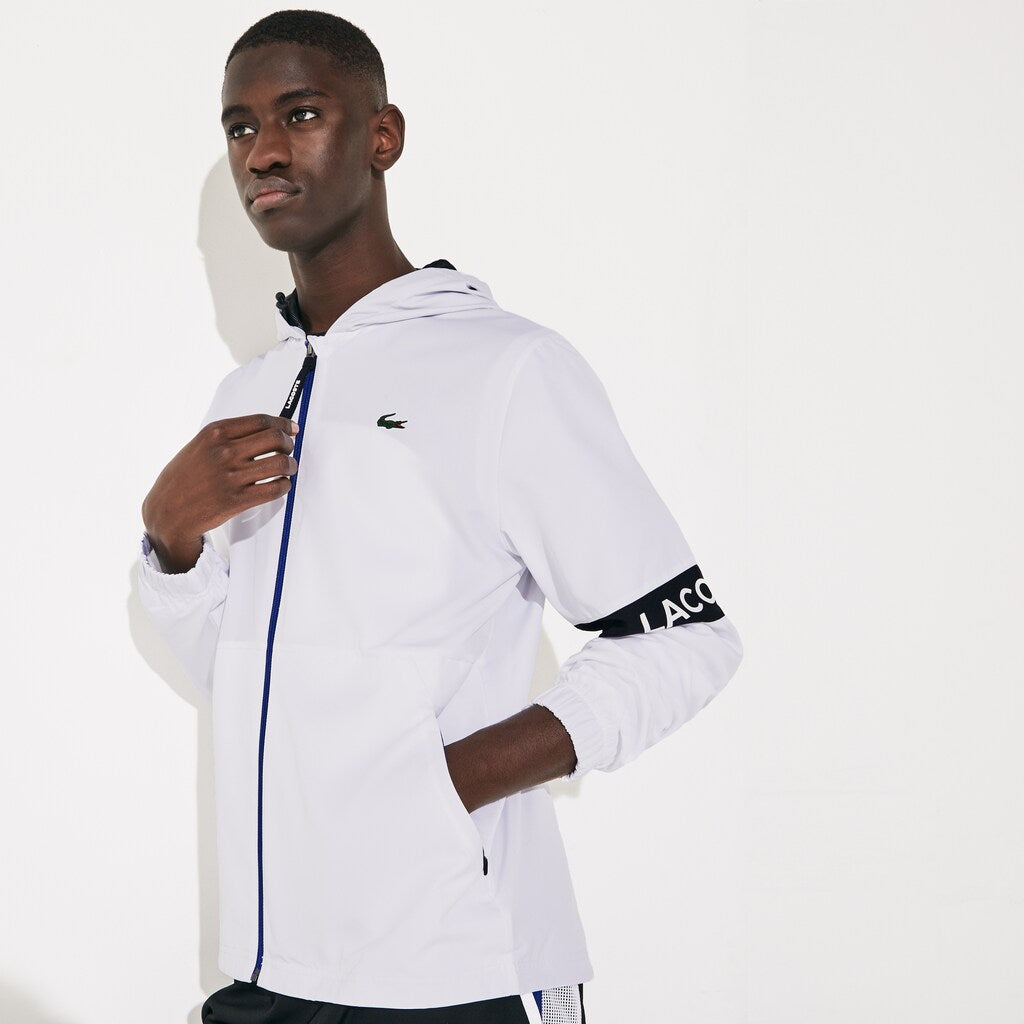 Mens   SPORT Water-Resistant Hooded Zip-Up Jacket | Lacoste White / Black / Blue • Pu8