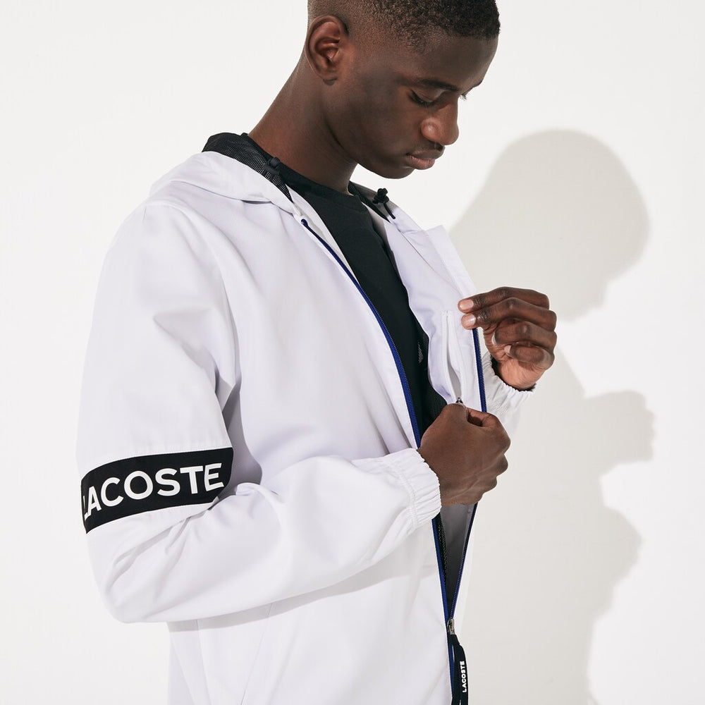 Mens   SPORT Water-Resistant Hooded Zip-Up Jacket | Lacoste White / Black / Blue • Pu8