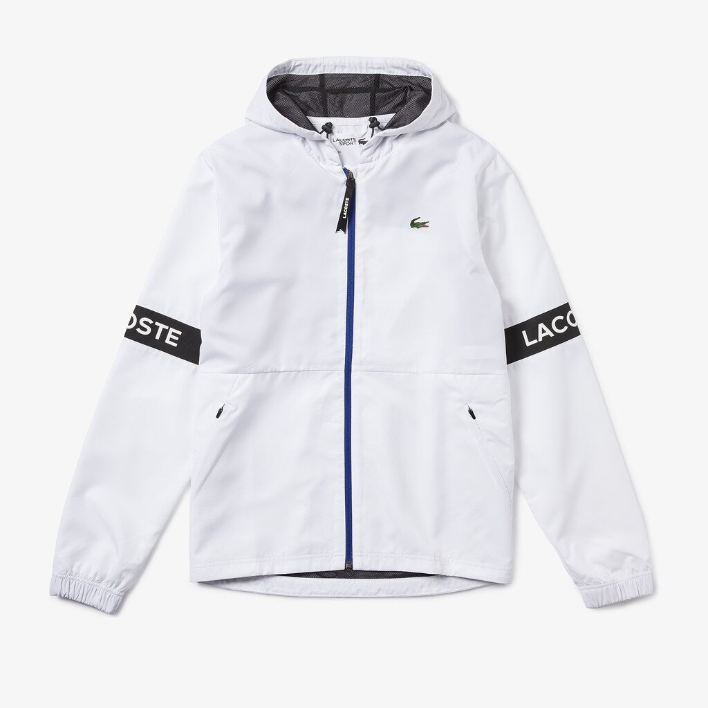 Mens   SPORT Water-Resistant Hooded Zip-Up Jacket | Lacoste White / Black / Blue • Pu8