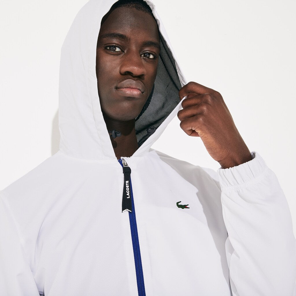 Mens   SPORT Water-Resistant Hooded Zip-Up Jacket | Lacoste White / Black / Blue • Pu8