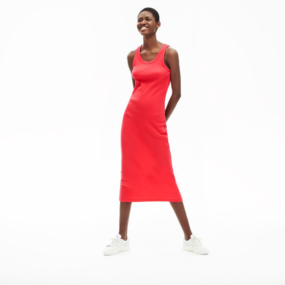 Womens Wo  Long Ribbed Cotton Dress | Lacoste Red • 4By