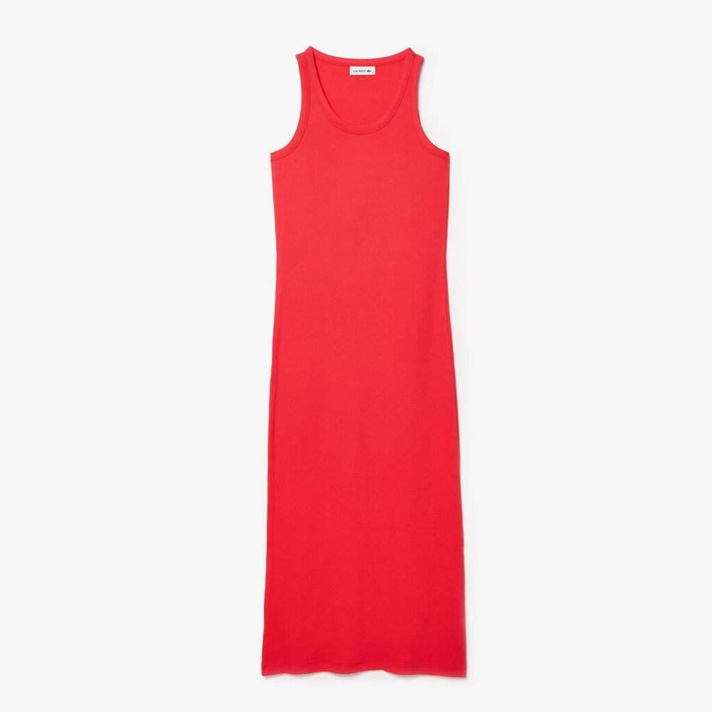 Womens Wo  Long Ribbed Cotton Dress | Lacoste Red • 4By