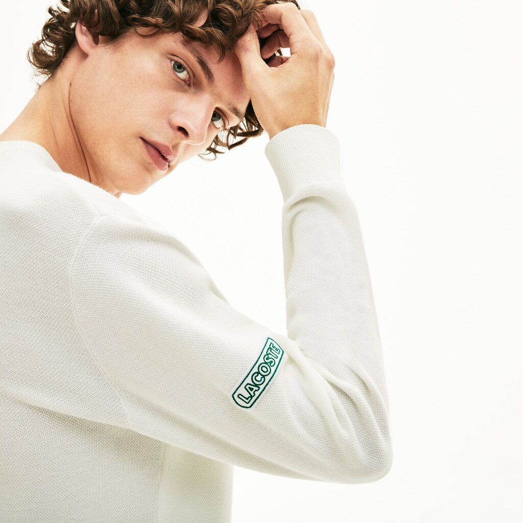 Mens   Band Design Heritage Knit Sweater | Lacoste White / Black / Green / White • Urw