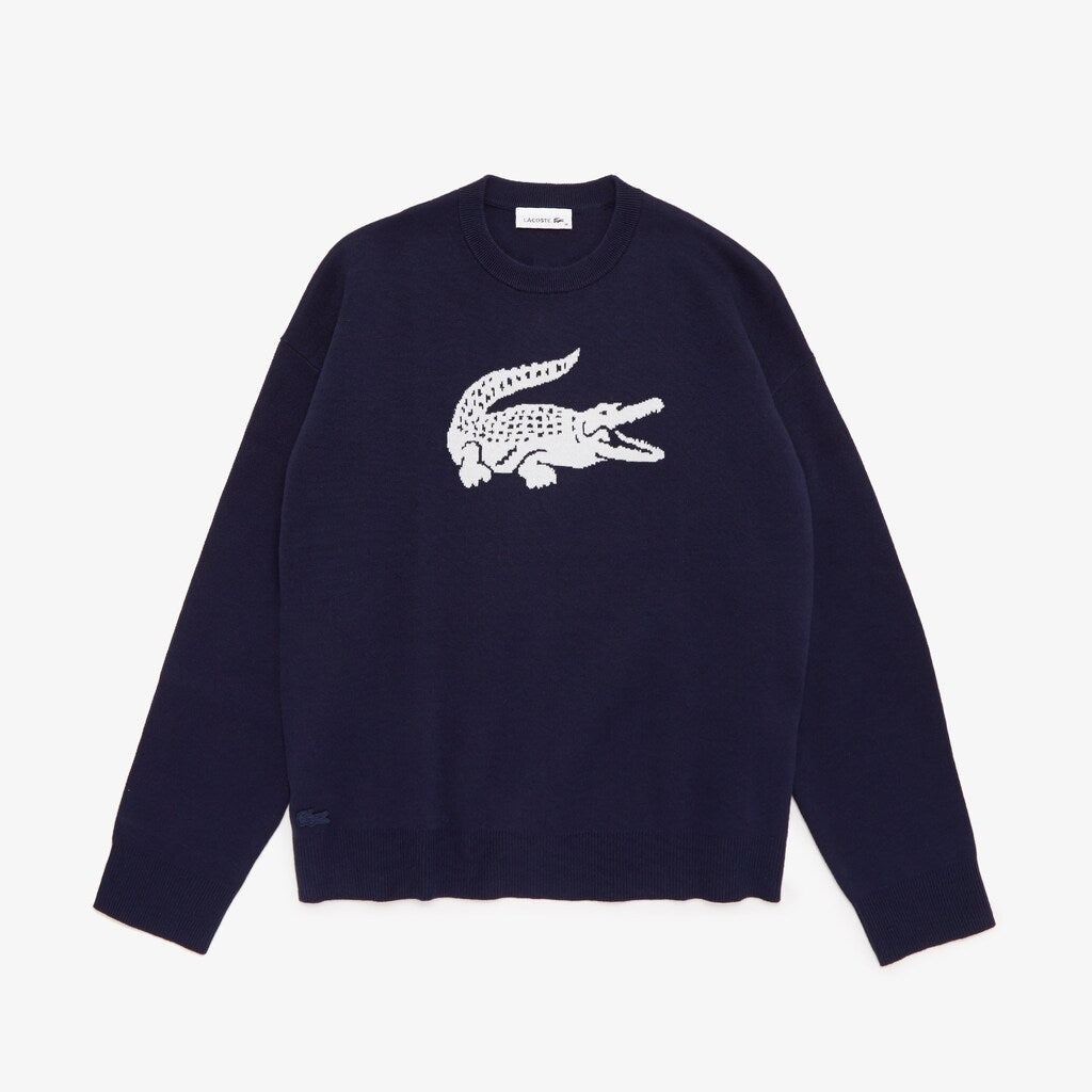Womens Wo  Oversized Logo Cotton Stretch Sweater | Lacoste Black/White • Hhw