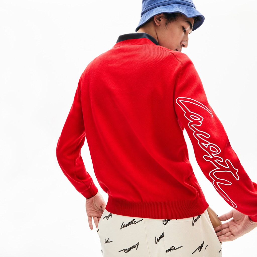 Mens   LIVE Signature Cotton Crewneck Sweater | Lacoste Red / White • Gru