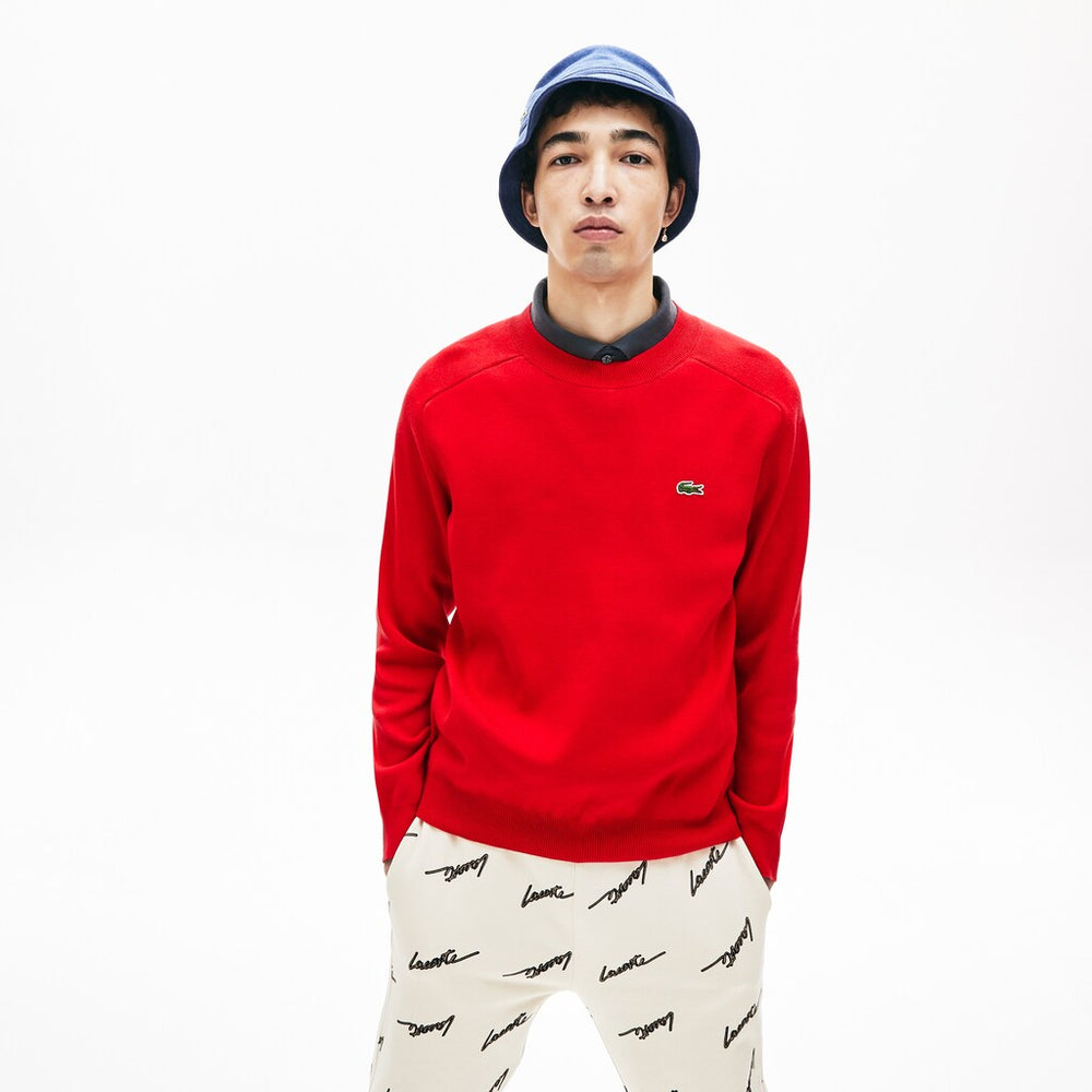 Mens   LIVE Signature Cotton Crewneck Sweater | Lacoste Red / White • Gru