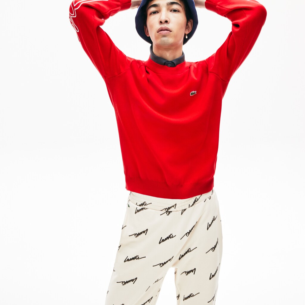 Mens   LIVE Signature Cotton Crewneck Sweater | Lacoste Red / White • Gru