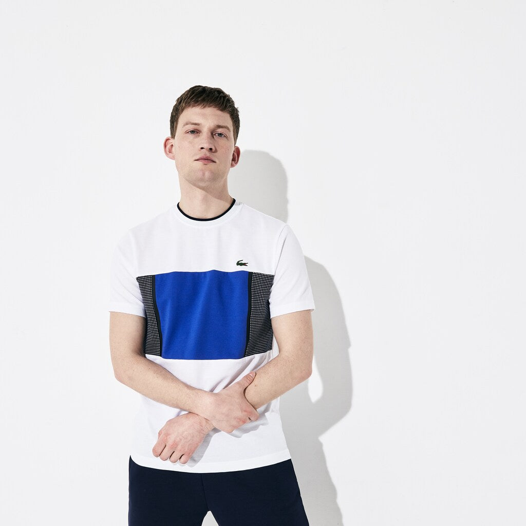 Mens   SPORT Mesh Inset Cotton T-shirt | Lacoste White / Blue / Navy Blue • Rfn