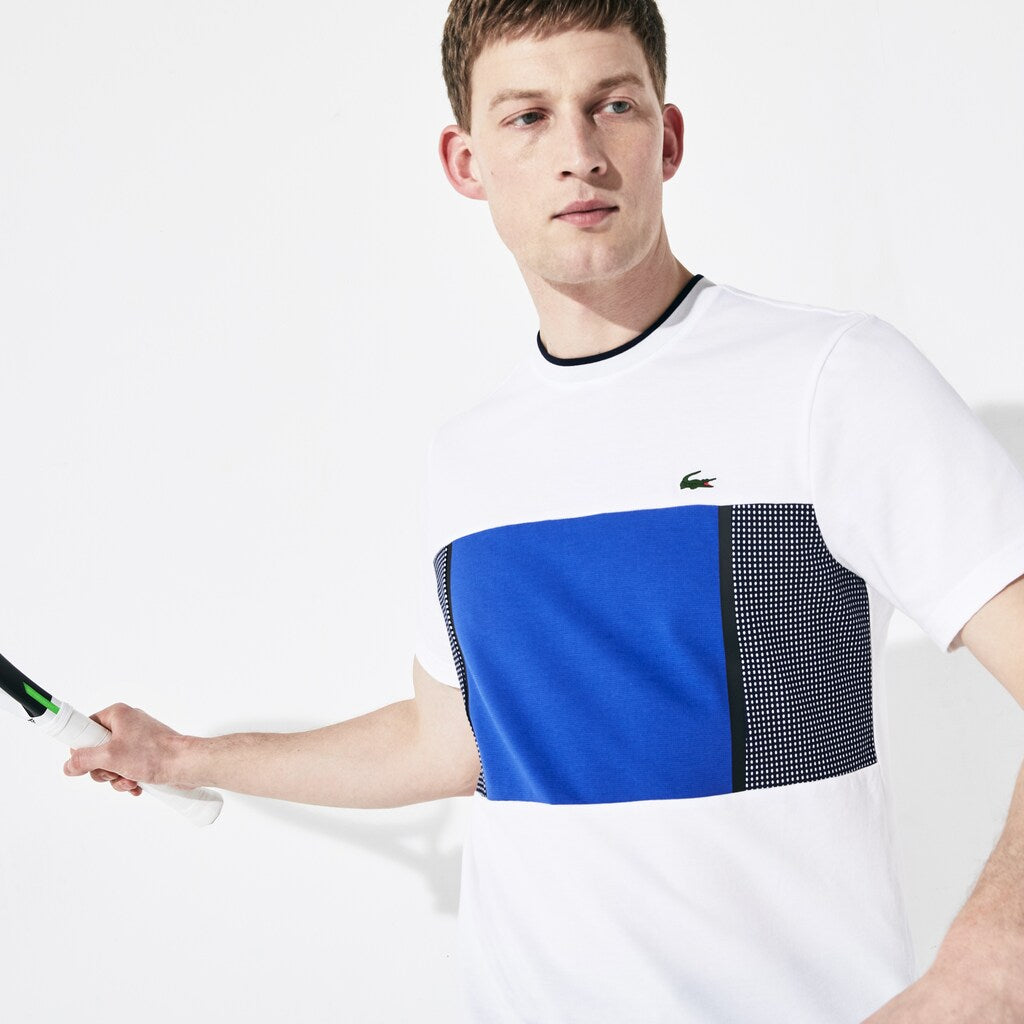 Mens   SPORT Mesh Inset Cotton T-shirt | Lacoste White / Blue / Navy Blue • Rfn