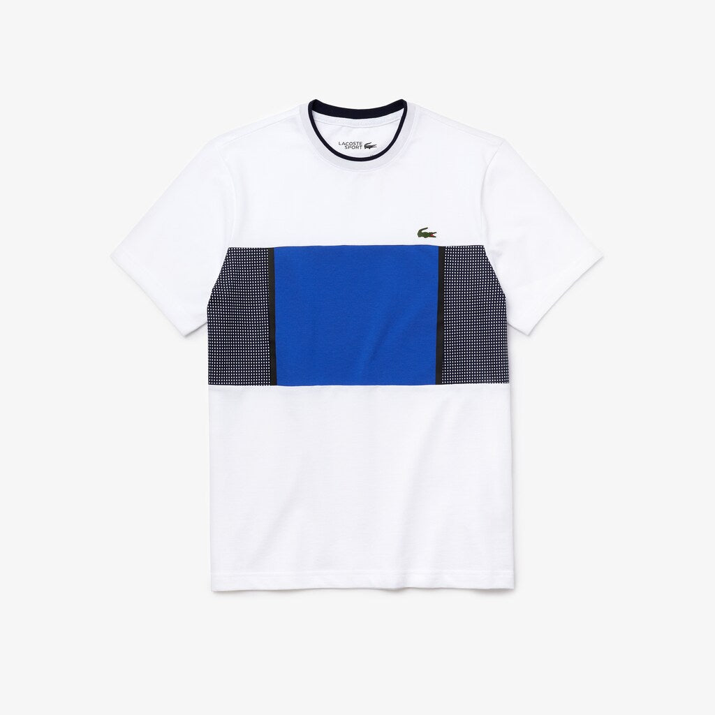Mens   SPORT Mesh Inset Cotton T-shirt | Lacoste White / Blue / Navy Blue • Rfn