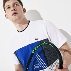 Mens   SPORT Mesh Inset Cotton T-shirt | Lacoste White / Blue / Navy Blue • Rfn