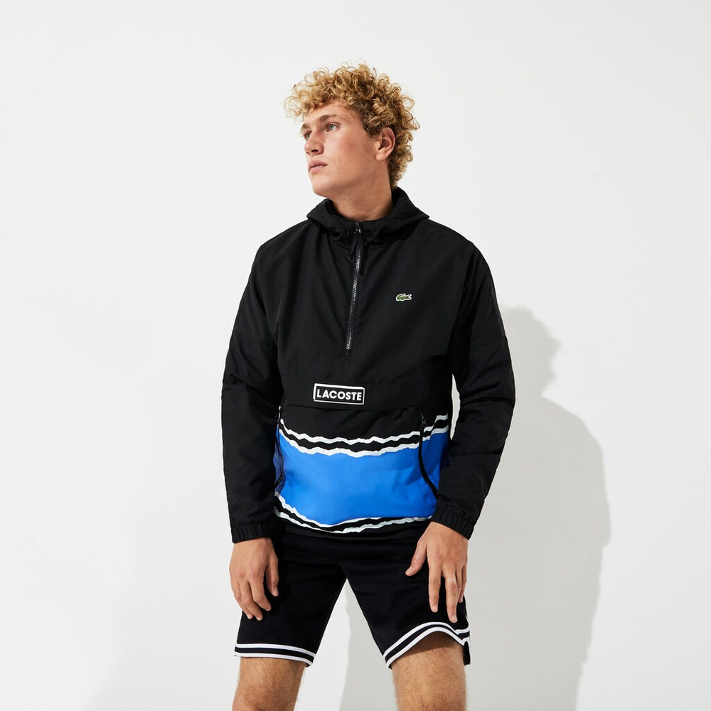 Mens   SPORT Striped Water-Resistant Windbreaker | Lacoste Black / Blue / White • Lb9