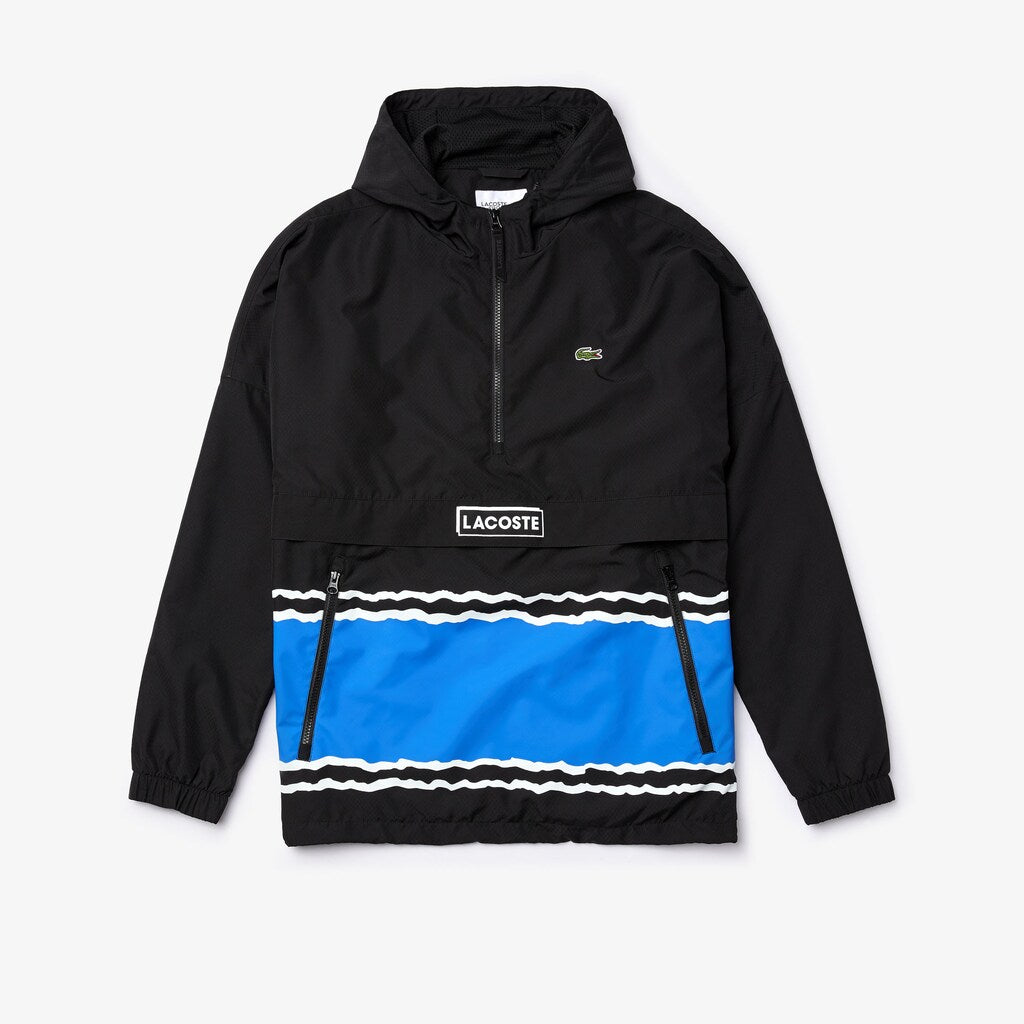 Mens   SPORT Striped Water-Resistant Windbreaker | Lacoste Black / Blue / White • Lb9