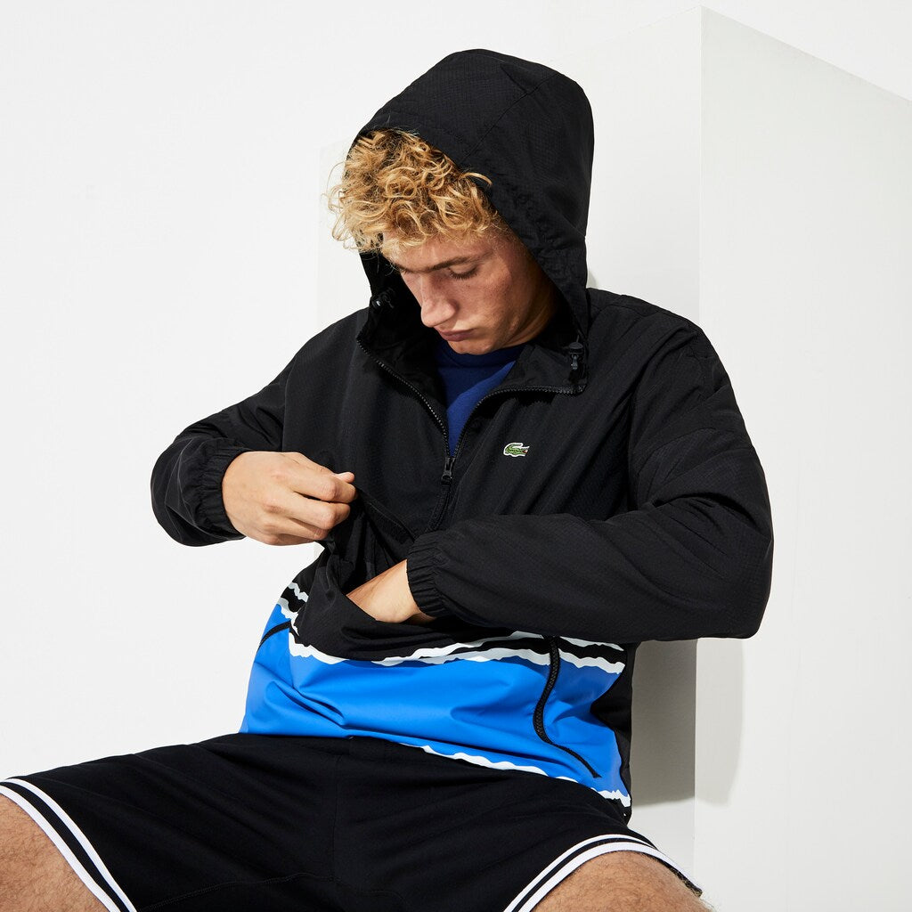 Mens   SPORT Striped Water-Resistant Windbreaker | Lacoste Black / Blue / White • Lb9