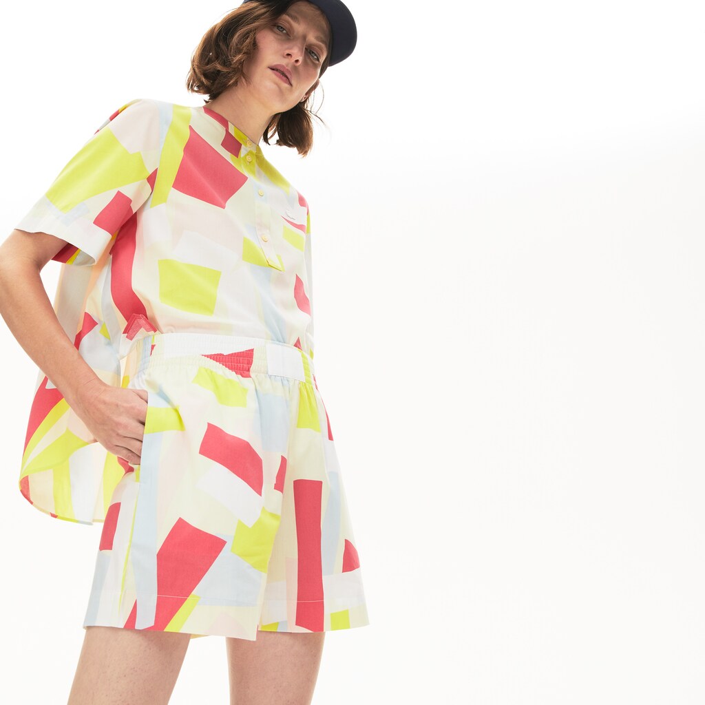 Womens Wo  Abstract-Print Cotton Blend Blouse | Lacoste Yellow / White • Tcz