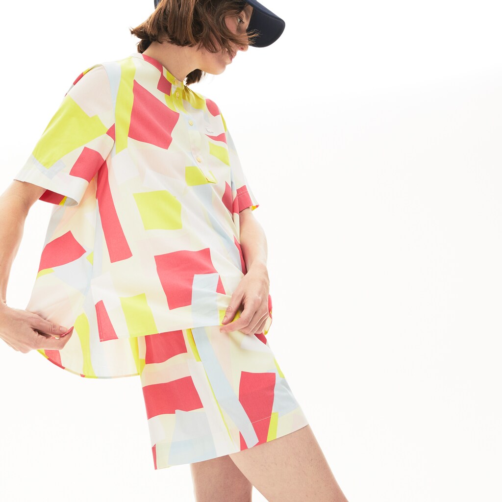 Womens Wo  Abstract-Print Cotton Blend Blouse | Lacoste Yellow / White • Tcz