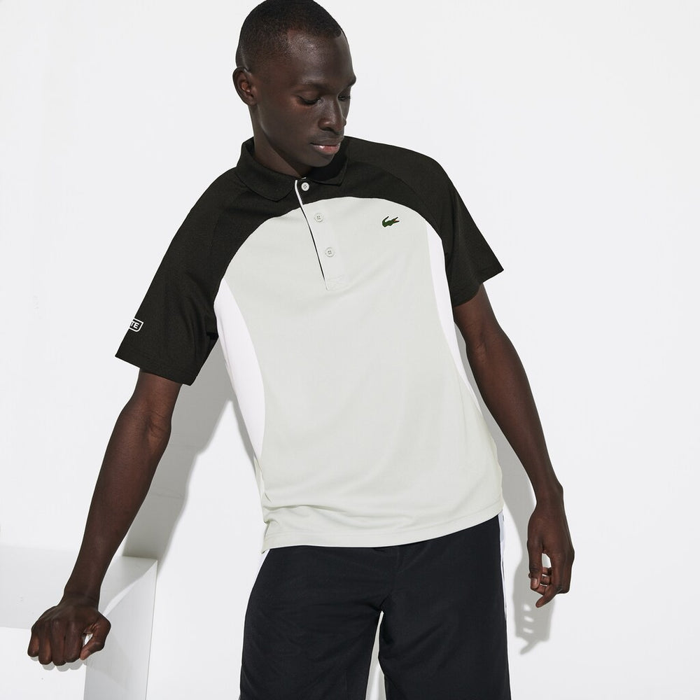 Mens   SPORT Colorblock Breathable Piqué Tennis Polo Shirt | Lacoste Black / Light Grey / White • Rwr