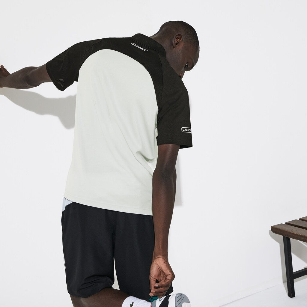 Mens   SPORT Colorblock Breathable Piqué Tennis Polo Shirt | Lacoste Black / Light Grey / White • Rwr