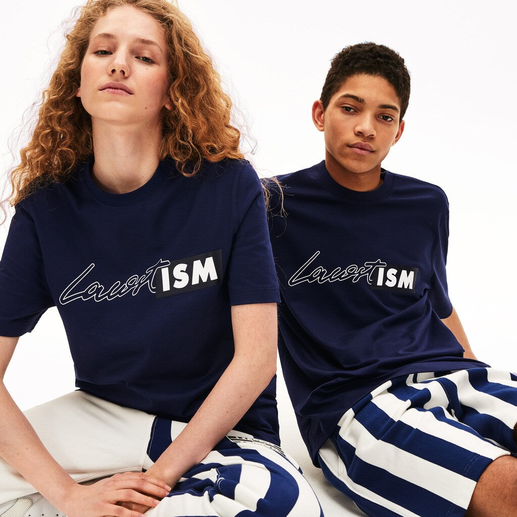Mens/Womens Unisex LIVE Lacostism Print Cotton T-Shirt | Lacoste Navy Blue • 166