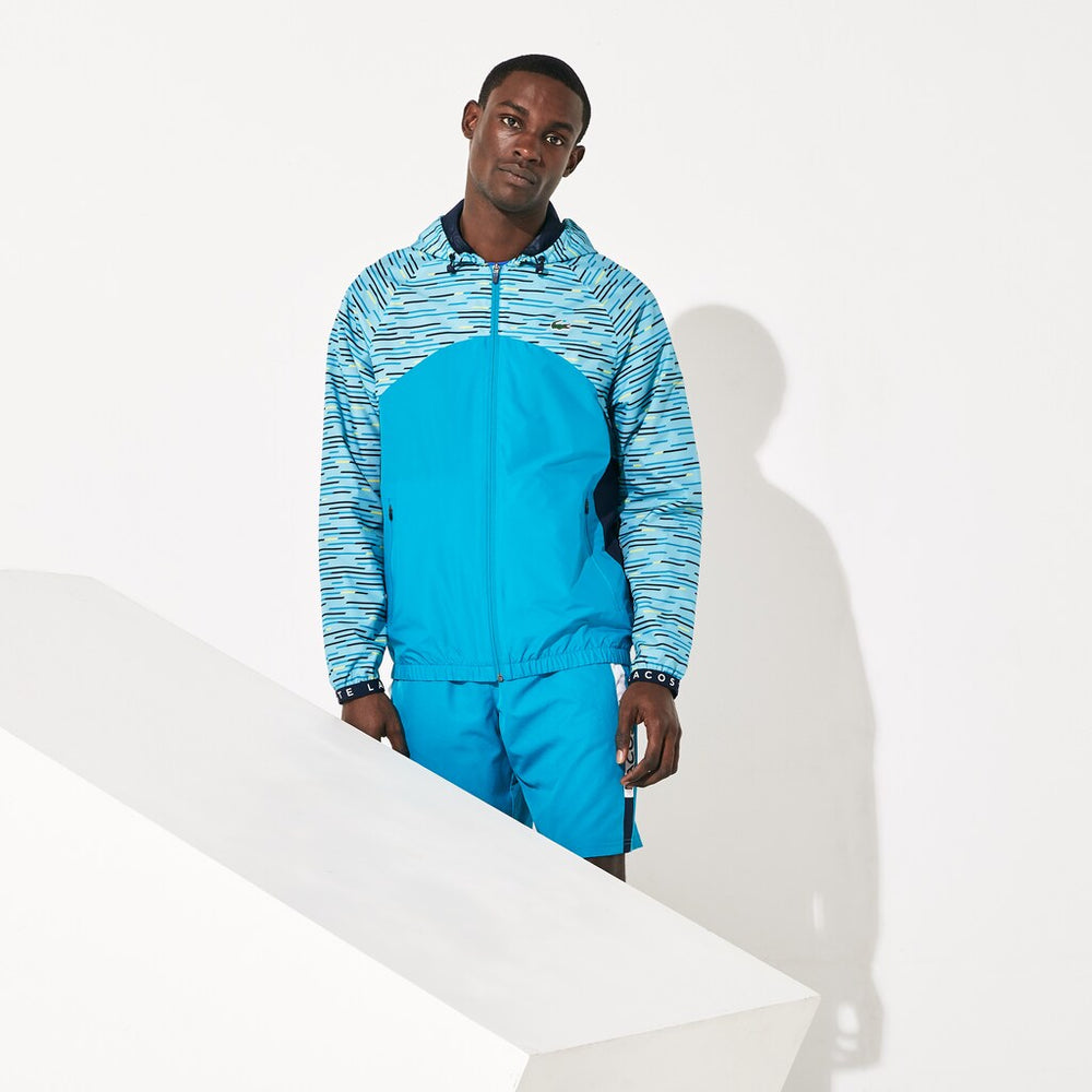 Mens   SPORT Hooded Tennis Windbreaker | Lacoste Turquoise / Navy Blue / Turquoise / Yellow / White • Y44
