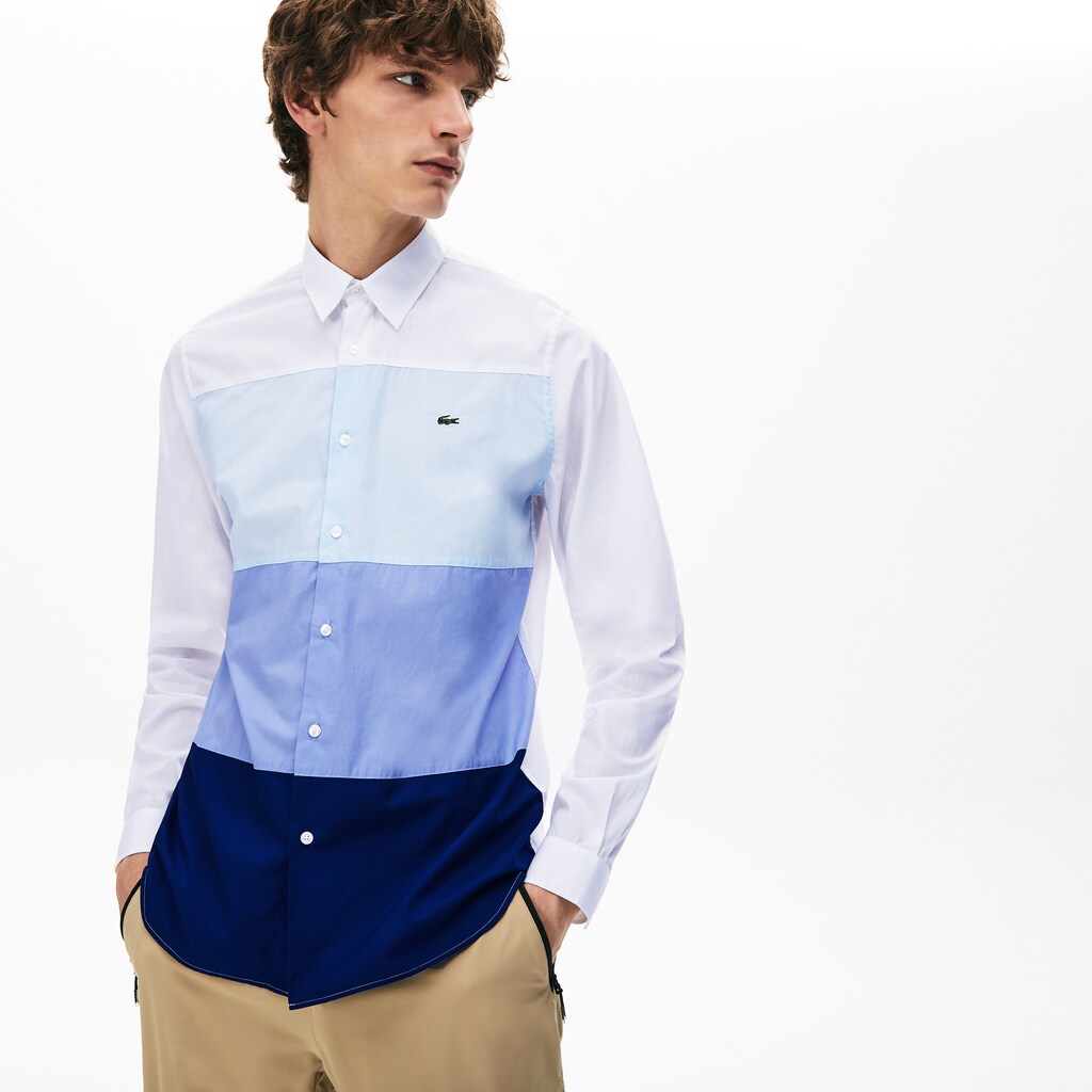 Mens   Regular Fit Colorblock Cotton Shirt | Lacoste Navy Blue / Purple / Light Blue / White • Ndj