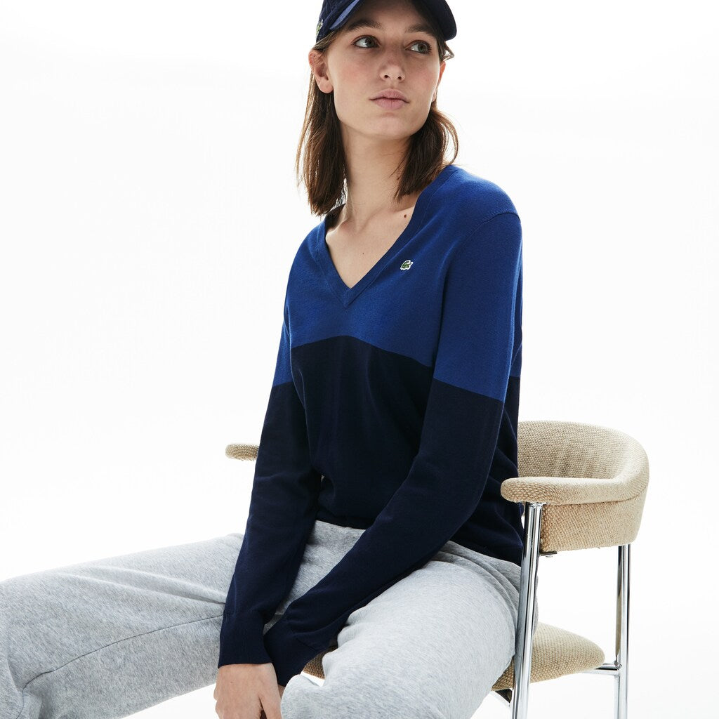 Womens Wo  Colorblock Cotton V-neck Sweater | Lacoste Navy Blue • L6L