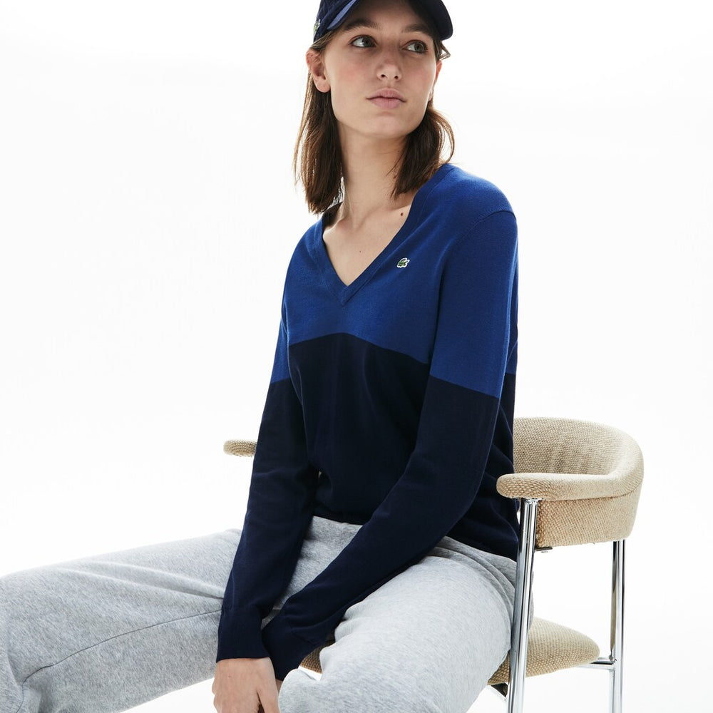 Womens Wo  Colorblock Cotton V-neck Sweater | Lacoste Navy Blue • L6L