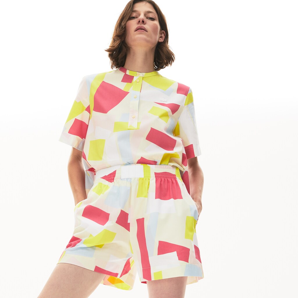 Womens Wo  Abstract-Print Cotton Poplin Shorts | Lacoste Yellow / White • Tcz