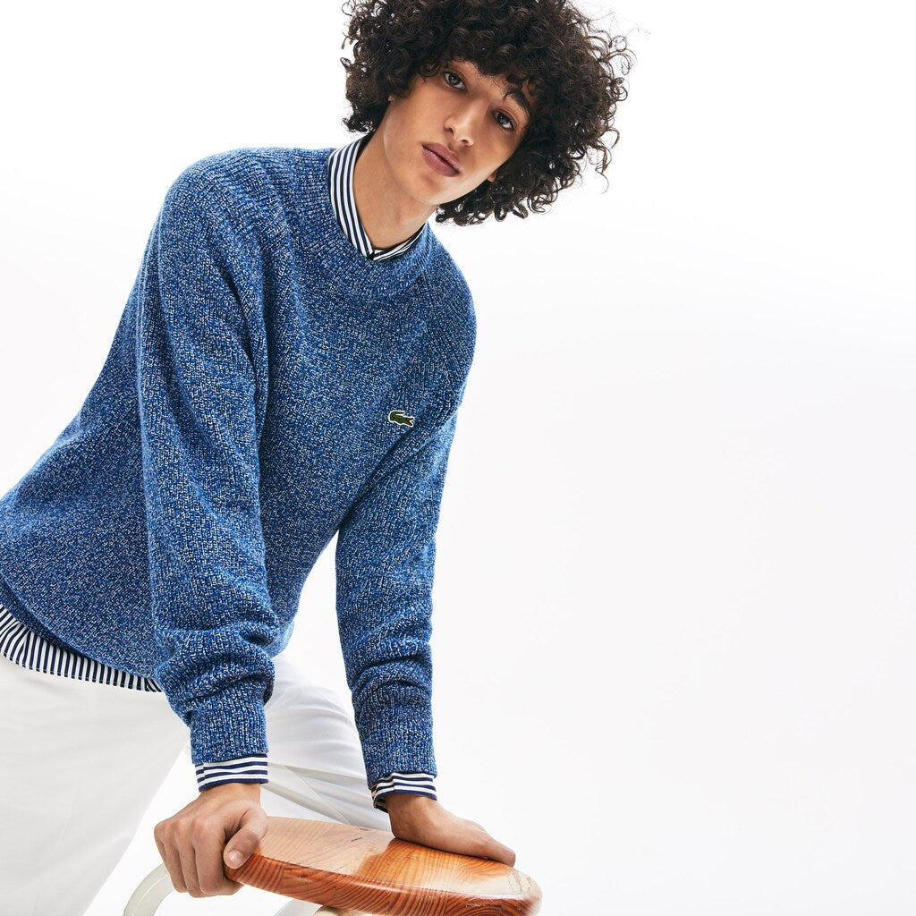 Mens   LIVE Ribbed Heathered Cotton Crewneck Sweater | Lacoste Navy Blue / White • Ha7