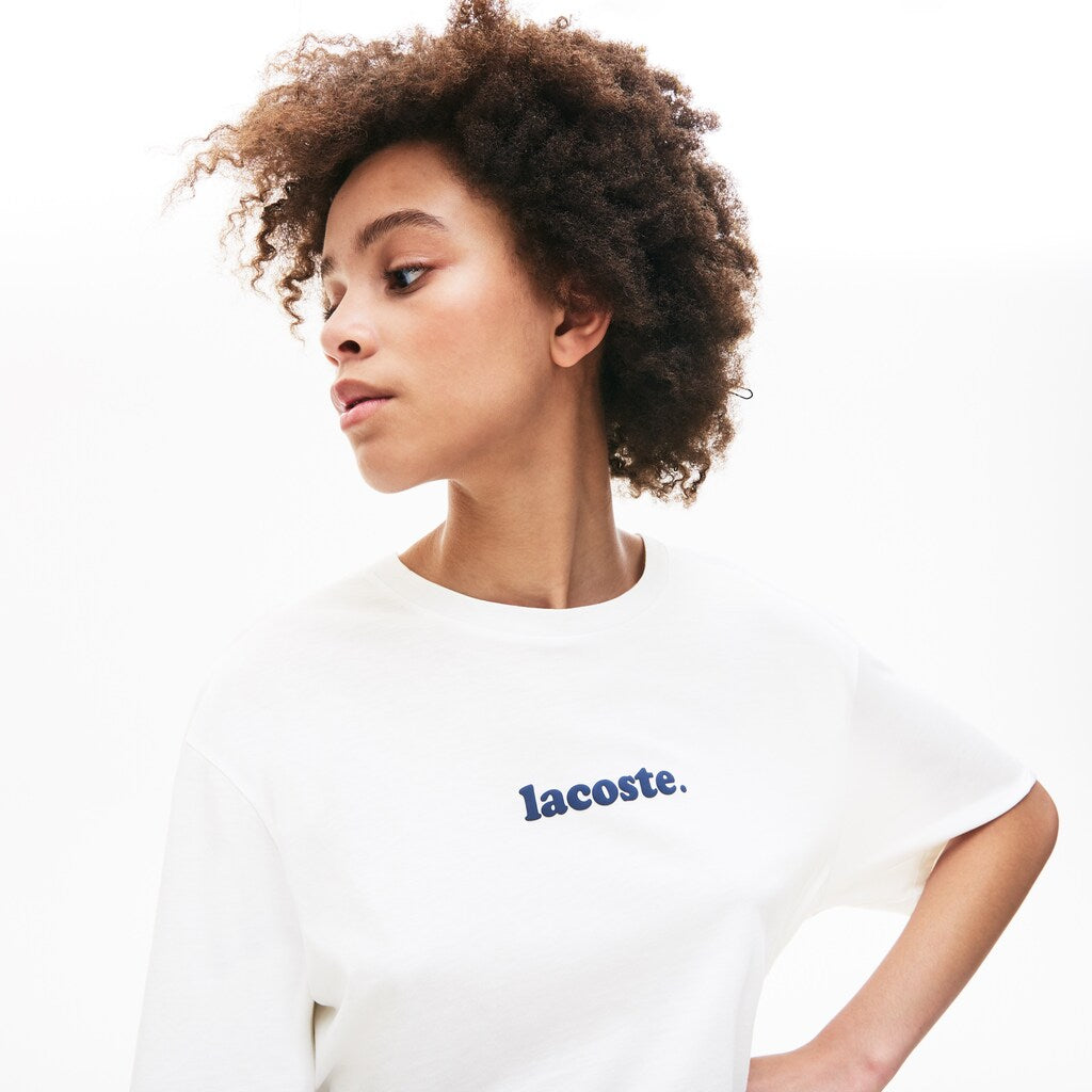 Womens Wo  Signature Printed Crew Neck Cotton T-shirt | Lacoste White / Navy Blue • Bed