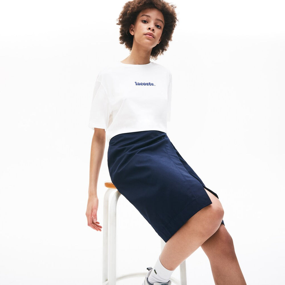 Womens Wo  Signature Printed Crew Neck Cotton T-shirt | Lacoste White / Navy Blue • Bed