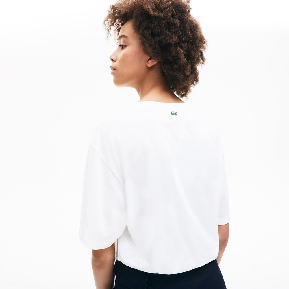 Womens Wo  Signature Printed Crew Neck Cotton T-shirt | Lacoste White / Navy Blue • Bed