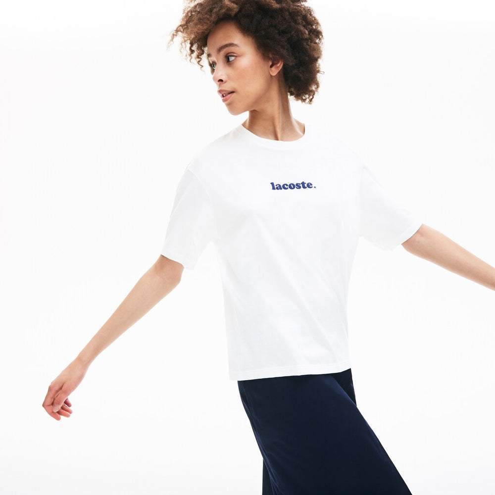Womens Wo  Signature Printed Crew Neck Cotton T-shirt | Lacoste White / Navy Blue • Bed