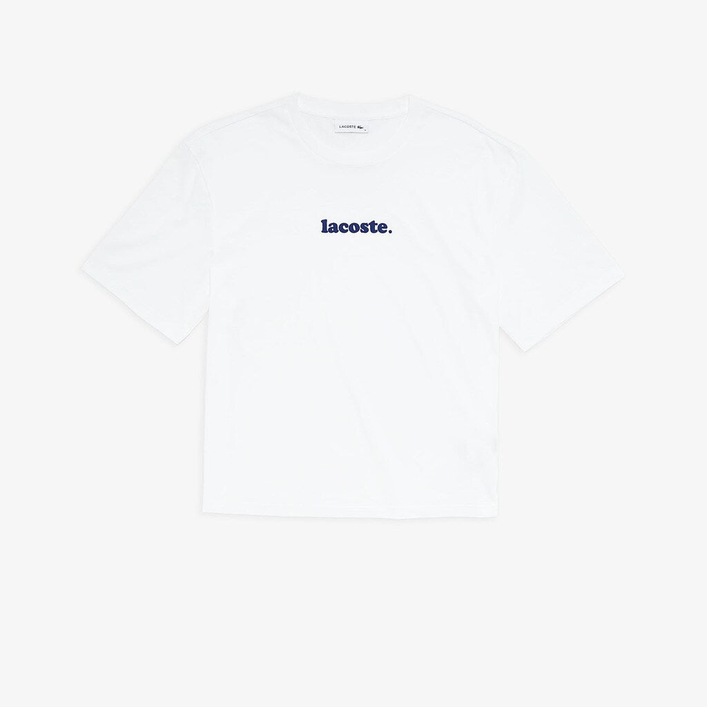 Womens Wo  Signature Printed Crew Neck Cotton T-shirt | Lacoste White / Navy Blue • Bed