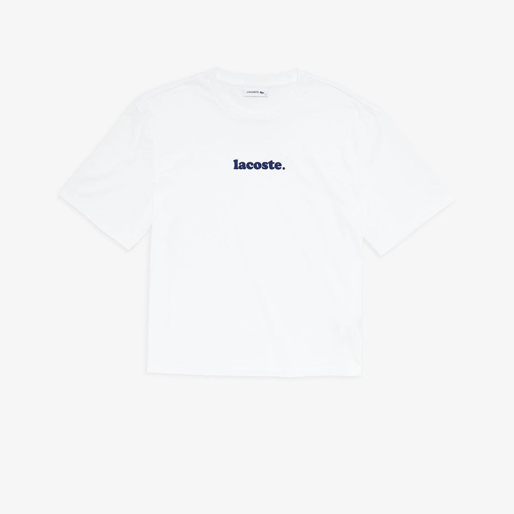 Womens Wo  Signature Printed Crew Neck Cotton T-shirt | Lacoste White / Navy Blue • Bed