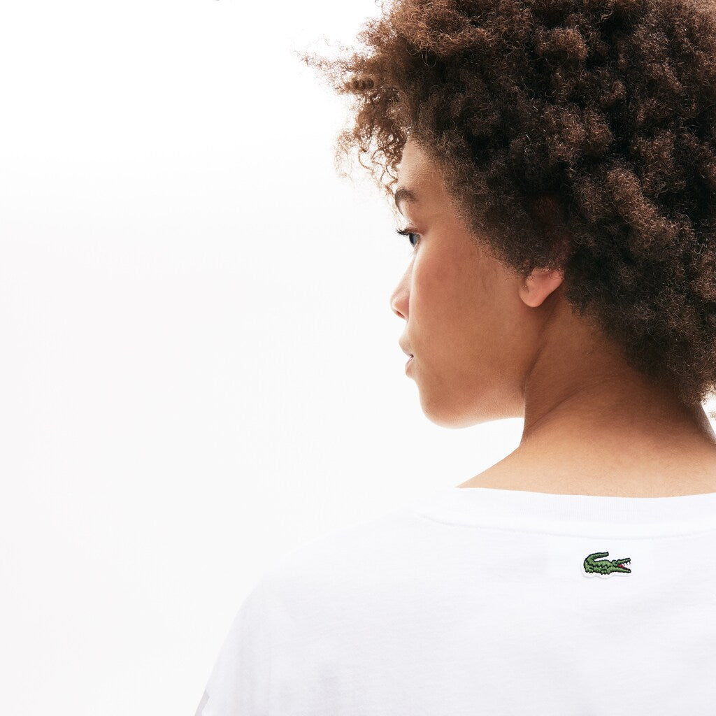 Womens Wo  Signature Printed Crew Neck Cotton T-shirt | Lacoste White / Navy Blue • Bed