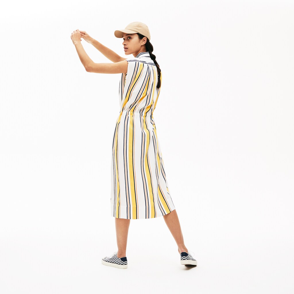 Womens Wo  Long Striped Shirtdress | Lacoste White / Navy Blue / Yellow / Light Brown • X9V