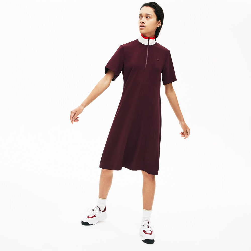Womens Wo  Flared Zip-Up Polo Dress | Lacoste Bordeaux / White / Red • X2G