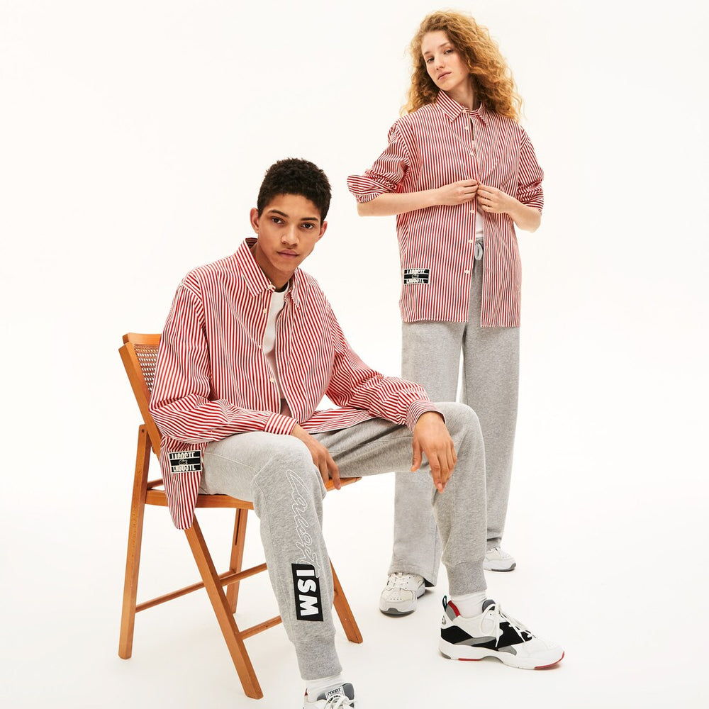 Mens/Womens Unisex LIVE Boxy-Fit Striped Cotton Shirt | Lacoste White / Red • Xg4