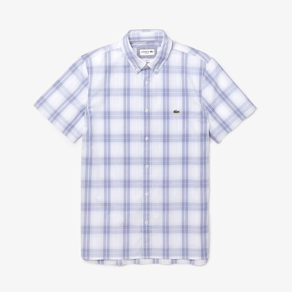 Mens   Slim Fit Short-Sleeve Wool Stretch Shirt | Lacoste Purple / Light Blue • Xj9