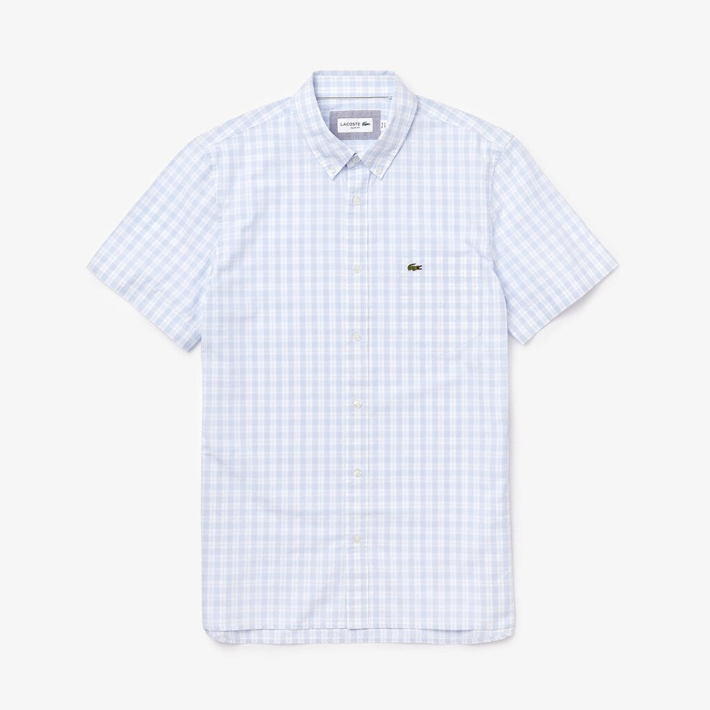 Mens   Slim Fit Short-Sleeve Wool Shirt | Lacoste White / Light Blue • 9Ar