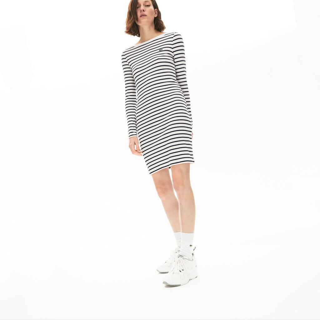 Womens Wo  Nautical Ribbed Cotton Dress | Lacoste White / Navy Blue • Ev0