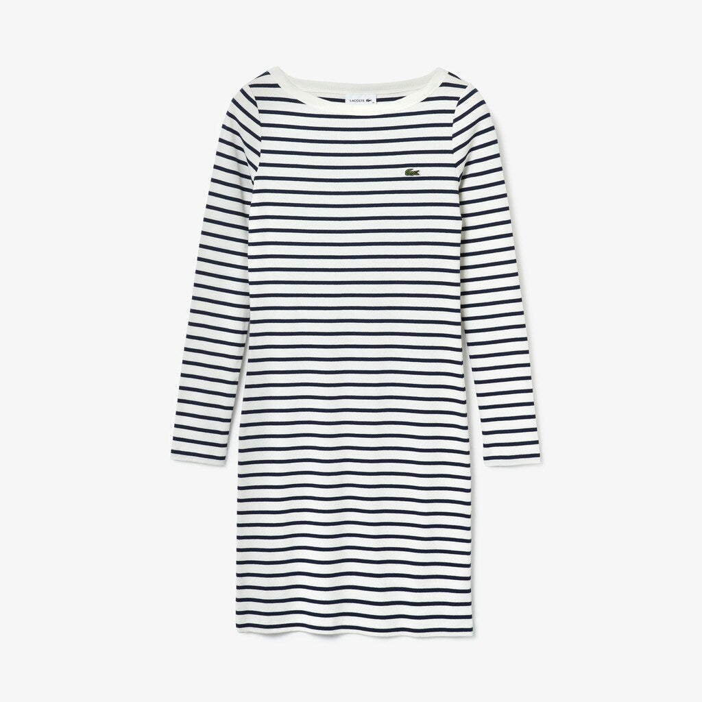 Womens Wo  Nautical Ribbed Cotton Dress | Lacoste White / Navy Blue • Ev0