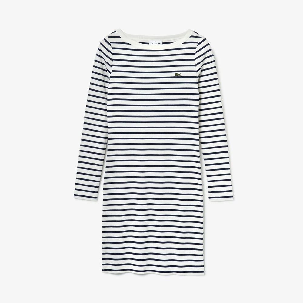 Womens Wo  Nautical Ribbed Cotton Dress | Lacoste White / Navy Blue • Ev0