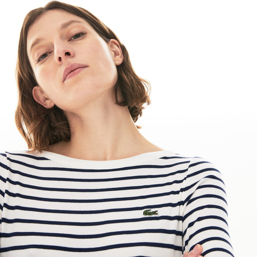 Womens Wo  Nautical Ribbed Cotton Dress | Lacoste White / Navy Blue • Ev0