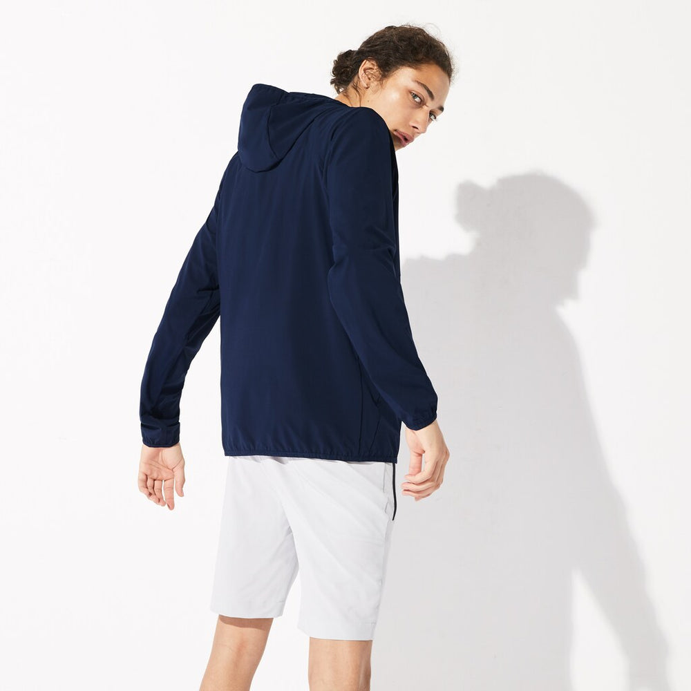 Mens   SPORT Water-Resistant Foldable Ultra-Light Zip Golf Jacket | Lacoste Navy Blue / Red • Xvf