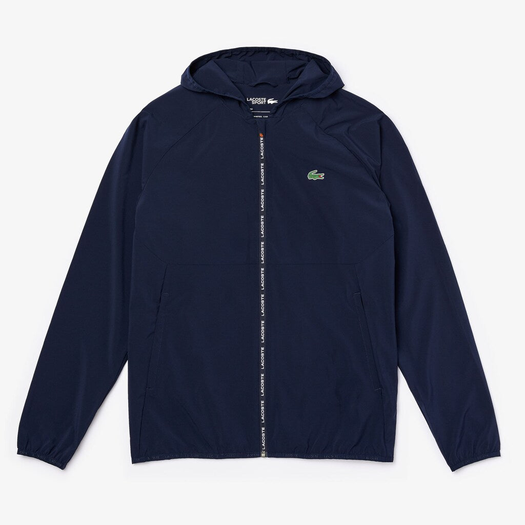 Mens   SPORT Water-Resistant Foldable Ultra-Light Zip Golf Jacket | Lacoste Navy Blue / Red • Xvf
