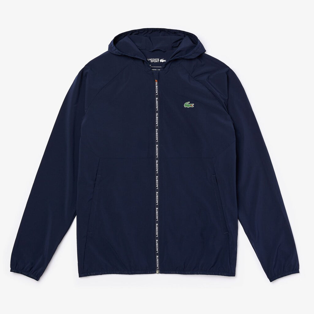 Mens   SPORT Water-Resistant Foldable Ultra-Light Zip Golf Jacket | Lacoste Navy Blue / Red • Xvf